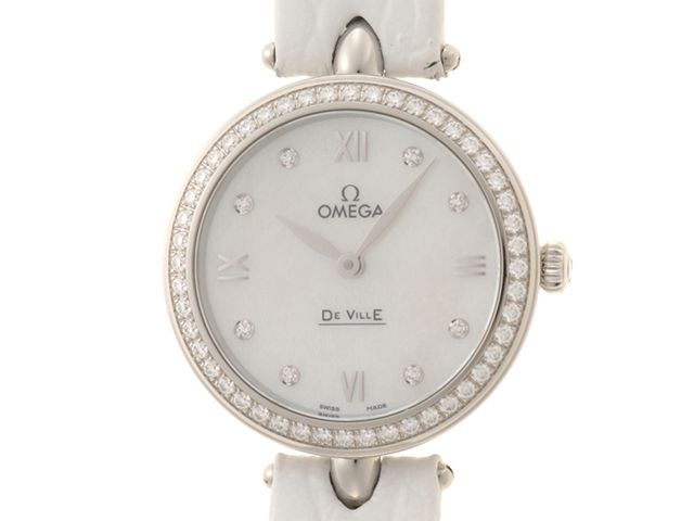 OMEGA オメガ デ・ビル プレステージ デュードロップ 424.18.27.60.55.001 腕時計 ステンレス/クロコダイル クオーツ ホワイトシェル8Pダイヤ文字盤 レディース【中古】473