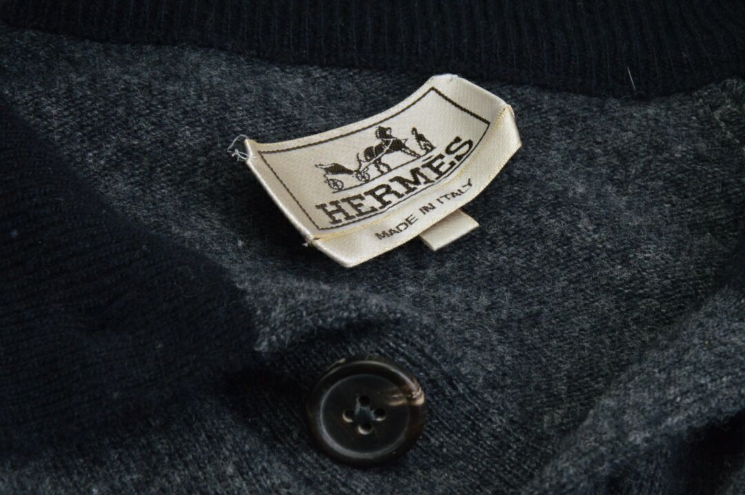 エルメス HERMES ニット セーター 前ボタン 長袖 ウール カシミヤ サイズM グレー×ネイビー 62-5725 メンズ F-M14032