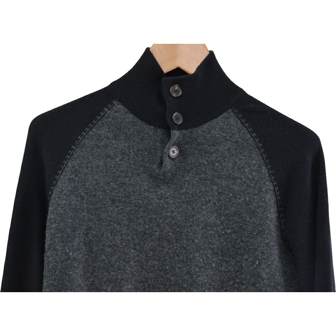 エルメス HERMES ニット セーター 前ボタン 長袖 ウール カシミヤ サイズM グレー×ネイビー 62-5725 メンズ F-M14032