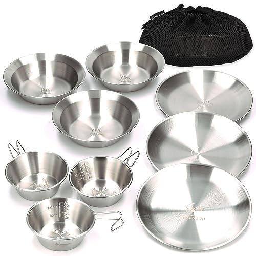 FOXDOOR アウトドア 食器セット 3枚組セット 4枚組セット シェラカップ コンパクト 収納 ステンレス キャンプ バーベキュー ファミリー★m d3abeef2