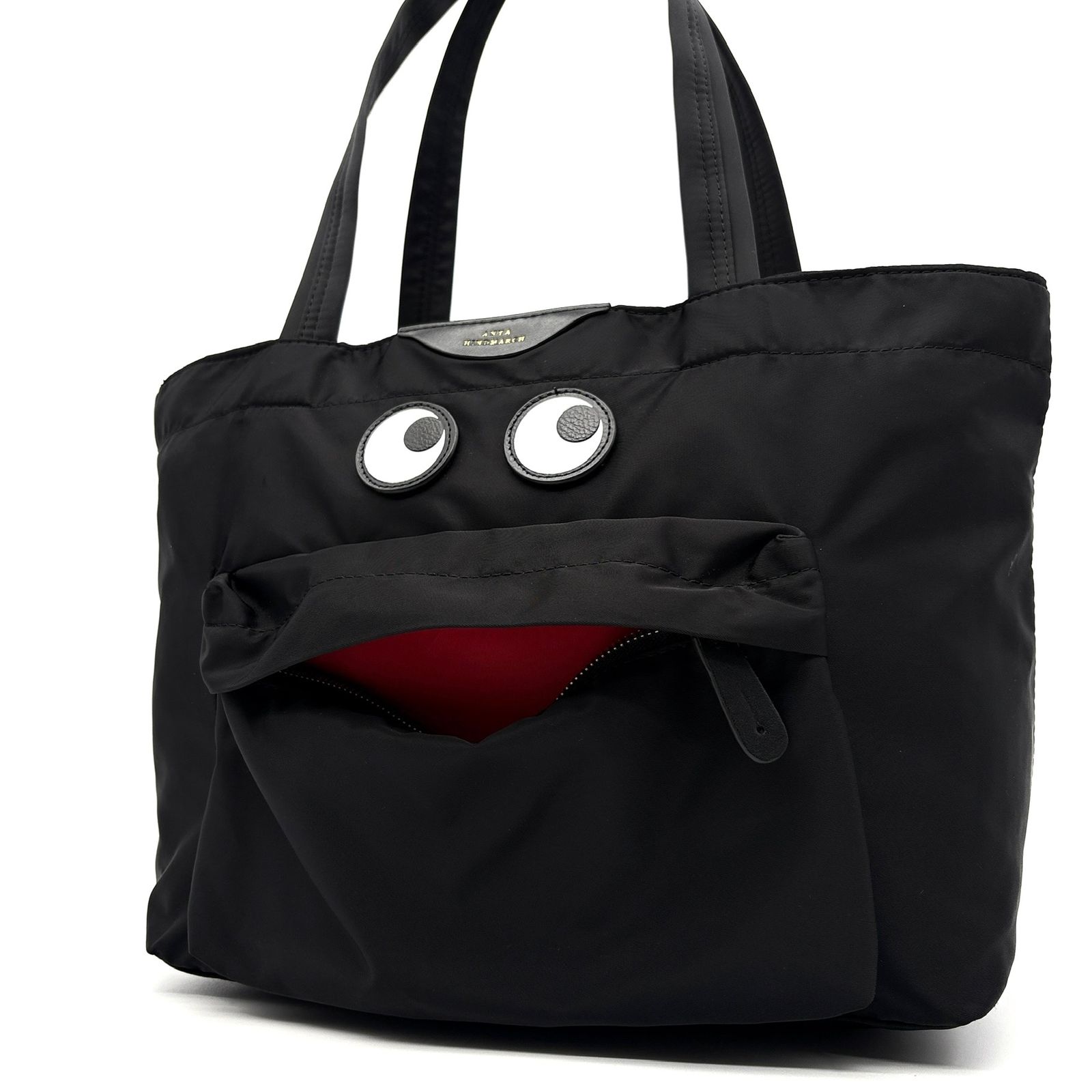 極美品 アニヤハインドマーチ ANYA HINDMARCH アイズ Eyes トートバッグ カバン 肩掛け A4収納 ブラック 黒 ナイロン ボーナス 夏休み 帰省 お盆 敬老の日 サマーギフト シルバーウィーク ご褒美