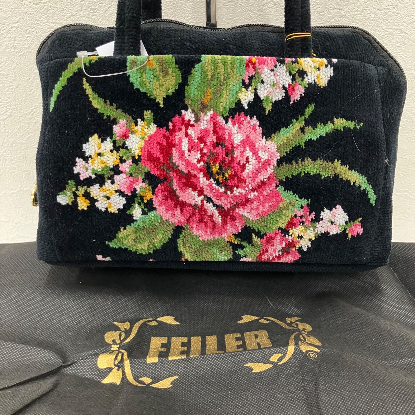 4687　【美品】　FEILER　フェイラー　エリザベート　トートバッグ　ハンドバッグ　ブラック　黒　花柄　レディース　フラワー　シュニール織り