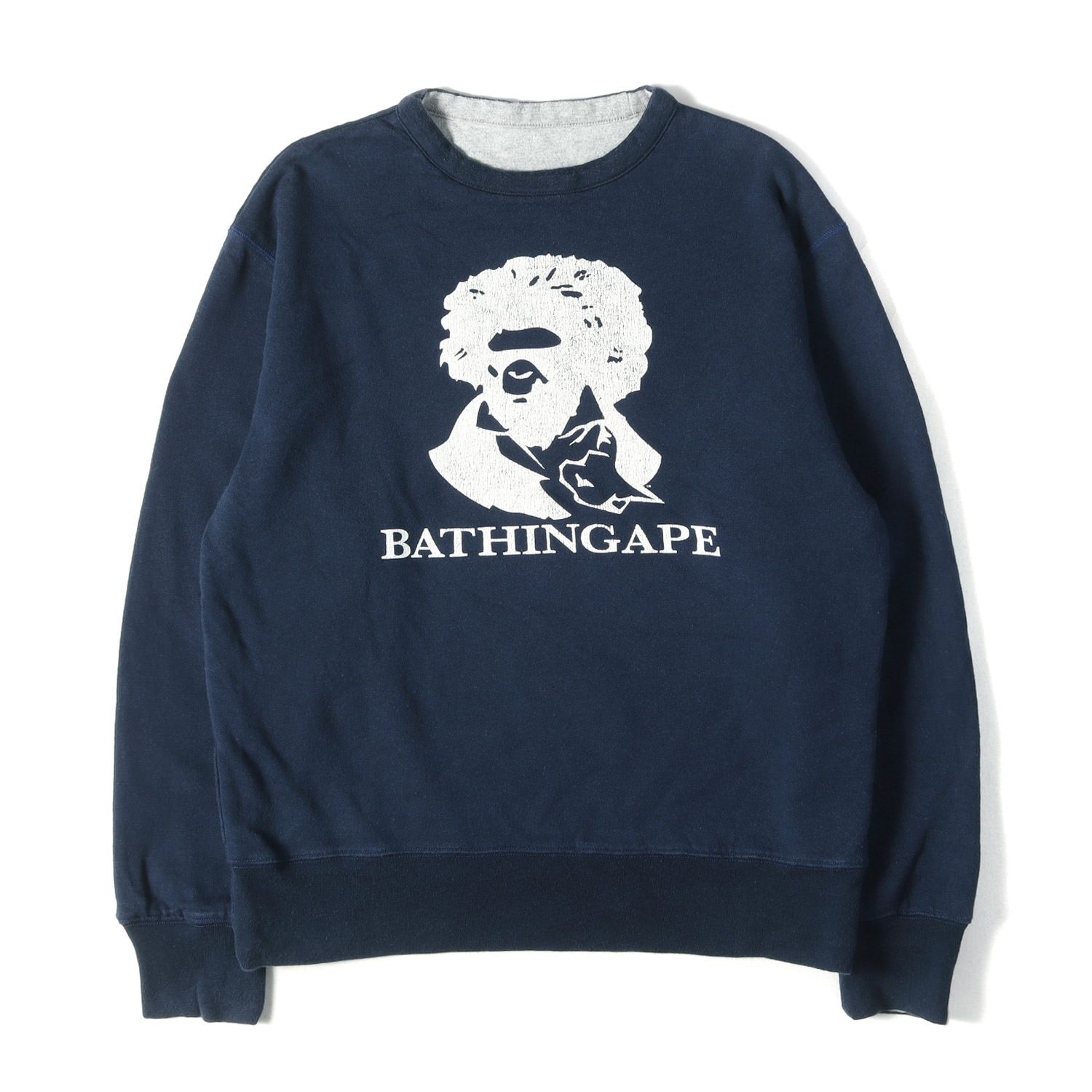 A BATHING APE ア ベイシング エイプ スウェット ネイビー グレー サイズ:M 00s リバーシブル 2面 クルーネック スウェットシャツ 00年代 アーカイブ トップス トレーナー 【メンズ】【中古】 A BATHING APE ア ベイシング エイプ スウェット ネイビー グレー