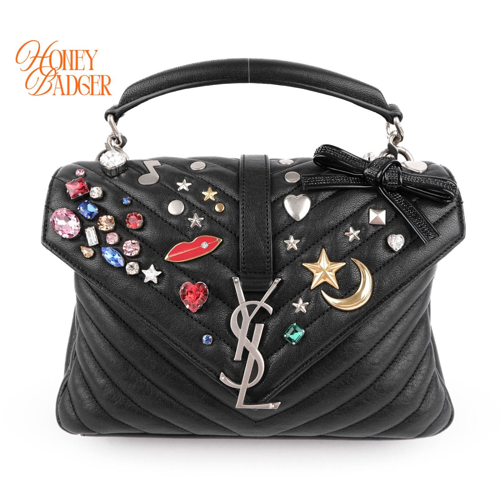 【希少】サンローラン SAINT LAURENT カレッジ ミディアム マルチモチーフ ビジュー スタッズ ブラック 黒 2WAY