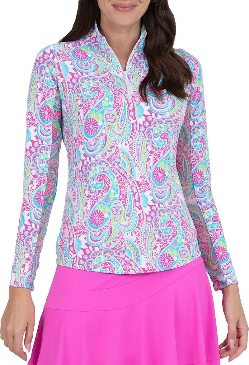 アイビークール レディース トップス シャツ モックネック IBKUL Womens Gloria Long Sleeve Mock Neck Golf 14 Zip Hot PinkTurquois