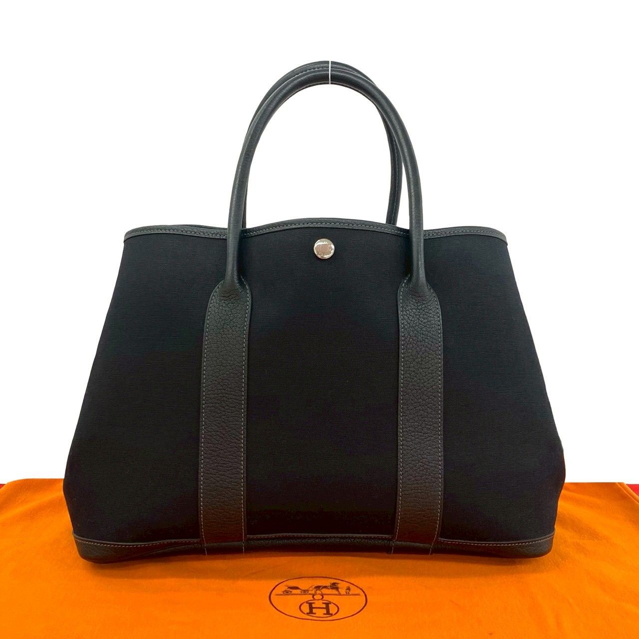 極 美品 □I 刻印 HERMES エルメス ガーデンパーティ MM トワルオフィシエ ブッフル レザー トートバッグ ハンドバッグ ブラック 389-7