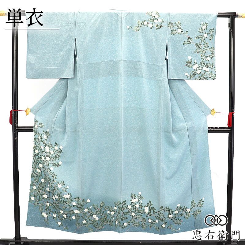 単衣着物 訪問着 レディース 正絹 灰水色 植物文様 花柄 上品 たたき染め 身丈153.5cm 裄丈64.5cm 結婚式 パーティ 食事会 観劇 Ｓ～Ｍサイズ相当 送料無料 即日発送