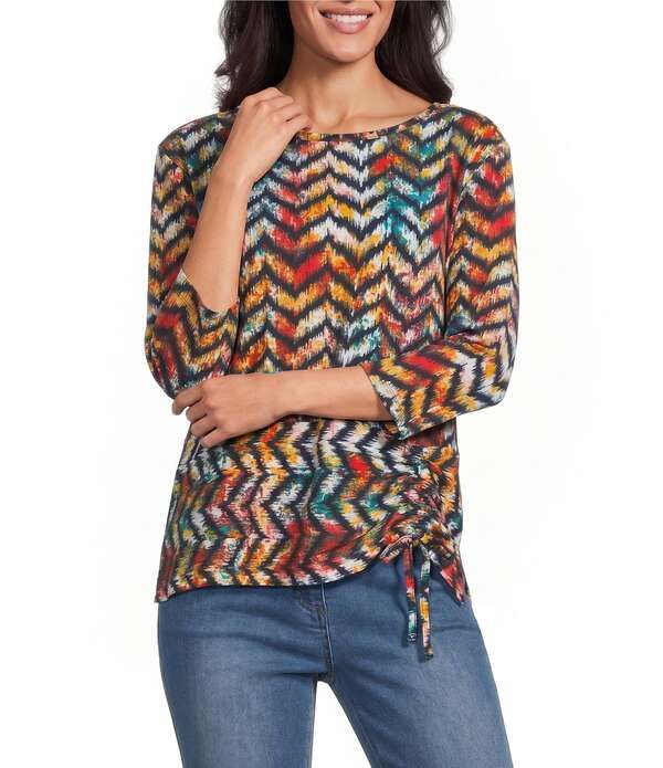 マルチプルズ レディース トップス シャツ プリント ニット Multiples Knit Print Scoop Neck 34 Sleeve Top Chevron Multi マルチカラー