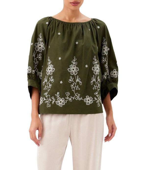 カレンケーン レディース トップス シャツ 刺繍 Karen Kane Poplin Embroide red Scoop Neck 34 Blouson Sleeve Top Olive オリーブ