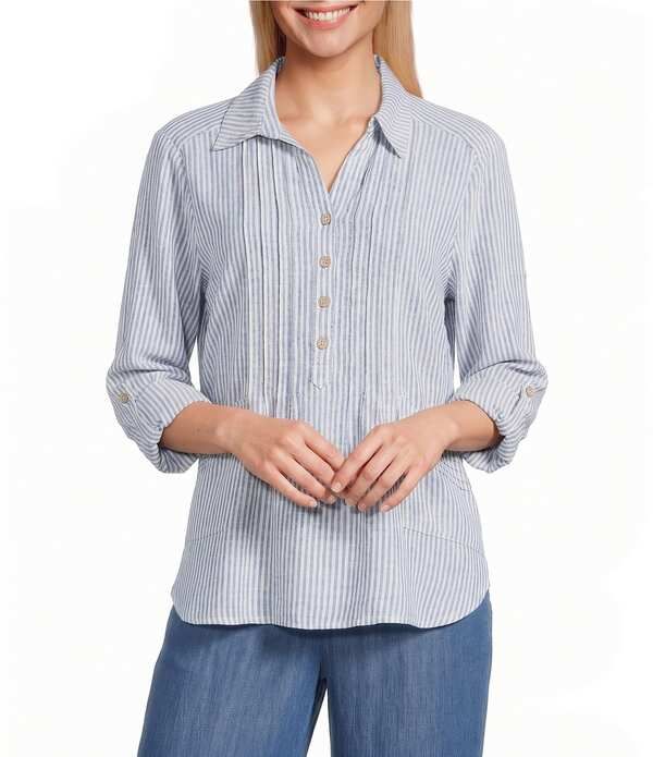 マルチプルズ レディース トップス シャツ Multiples Woven Stripe Spread Collar Long Sleeve Shirt Medium Blue ブルー