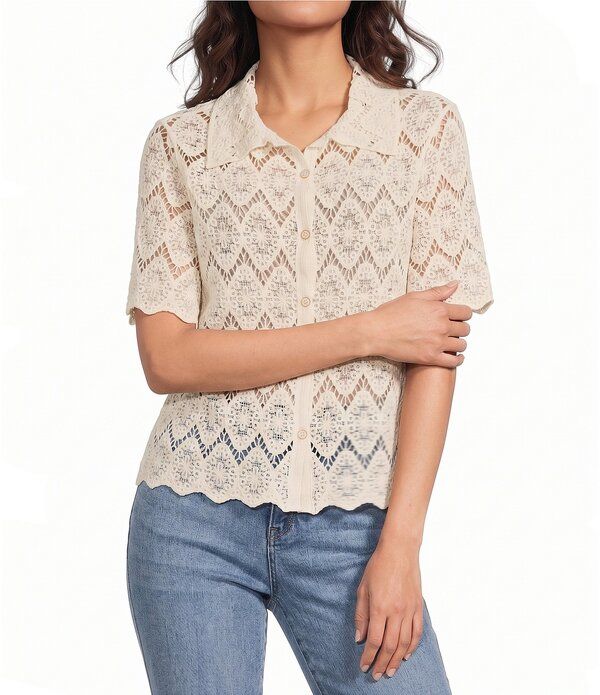 デモクラシー レディース トップス シャツ Democracy Crochet Colla red Short Sleeve Scallopedge Button Front Shirt Natura
