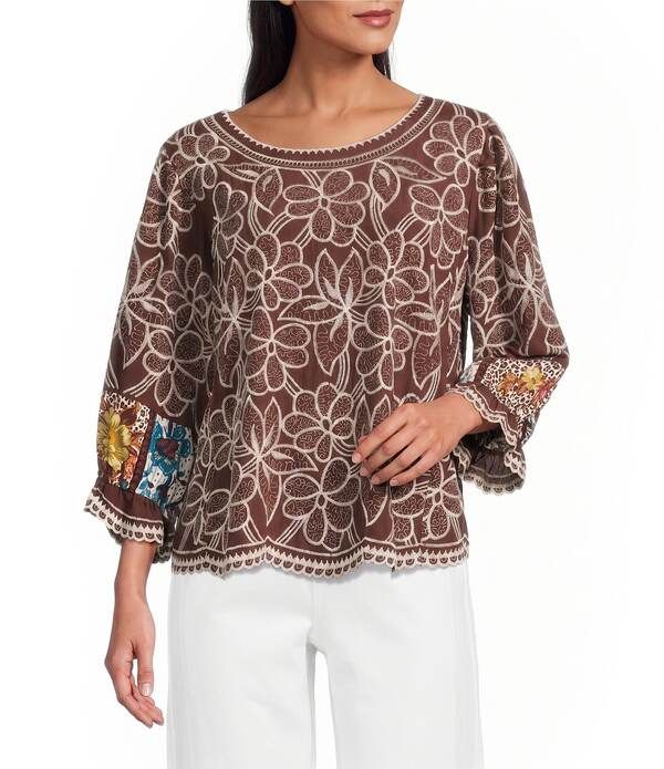 ジョン マーク レディース トップス シャツ プリント 刺繍 John Mark Woven Embroide red Mix Print Scoop Neck 34 Sleeve Top Deep