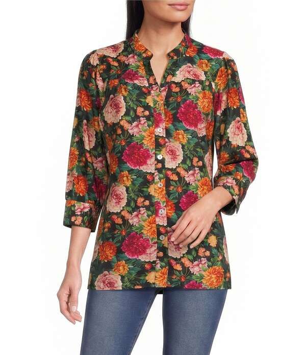 カレッサ レディース トップス シャツ Vネック フラワー柄 フラワー Calessa Coordinating Antique Garden Floral Split VNeck 34 Sleeve