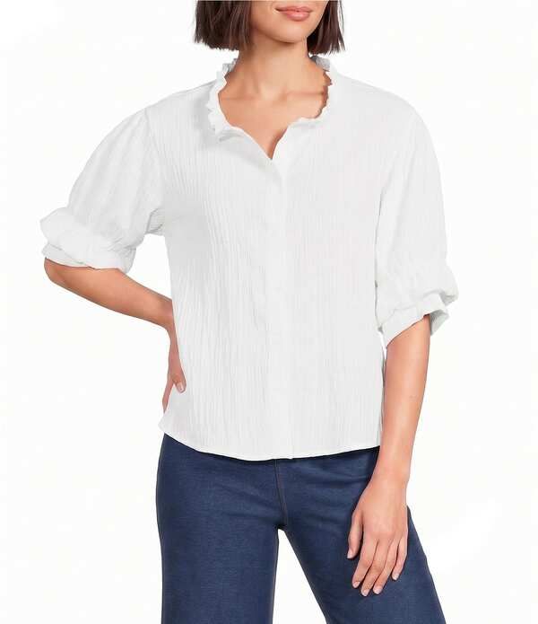 カレッサ レディース トップス シャツ Calessa Textu red Splitie Neck Elbow Length Sleeve Button Frontunic White ホワイト