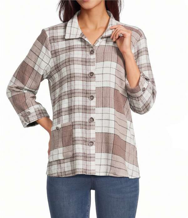 アリ マイルス レディース トップス カットソー Ali Miles Woven Textu red Mix Plaid Wire Collar 34 Sleeve Tunic Latte チェック