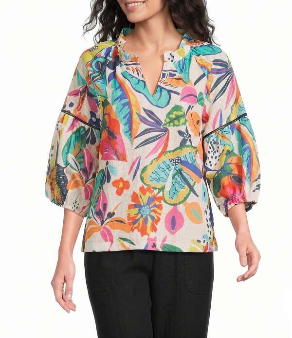 アリ マイルス レディース トップス シャツ Vネック プリント Ali Miles Woven Print Split VNeck 34 Sleeve Top Tropical Multi マルチカ