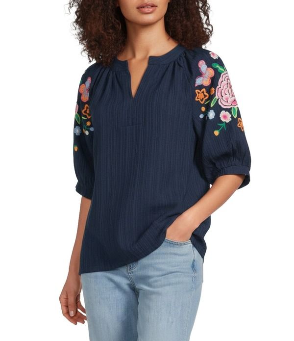 カレッサ レディース トップス シャツ Vネック 刺繍 Calessa Woven Split VNeck Embroide red Balloon Elbow Length Sleeve Tunic