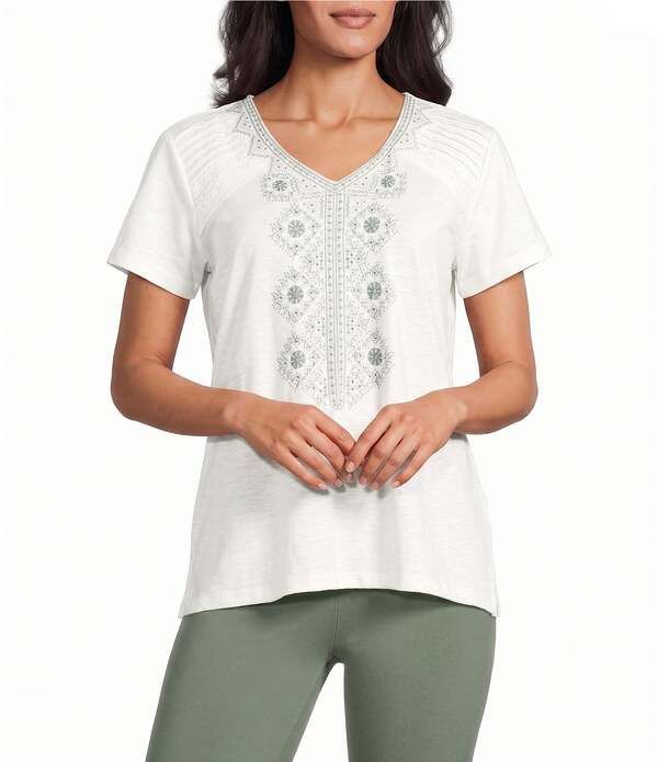 アリソン デイリー レディース トップス シャツ Vネック ニット Allison Daley Beaded Embroidery Short Sleeve VNecknitop Egret