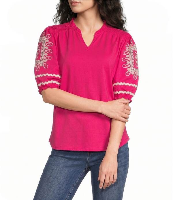 カレッサ レディース トップス シャツ Vネック バルーンスリーブ 刺繍 ブラウス ニット Calessa Knit Split VNeck Embroide red Elbow Length Bal