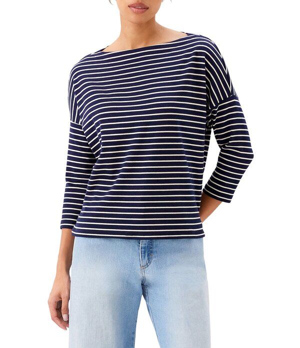 カレンケーン レディース トップス Tシャツ リブ ニット Karen Kane Ribbed Knit Stripe Boat Neck 34 Sleeve Top NavyCreamulti クリ