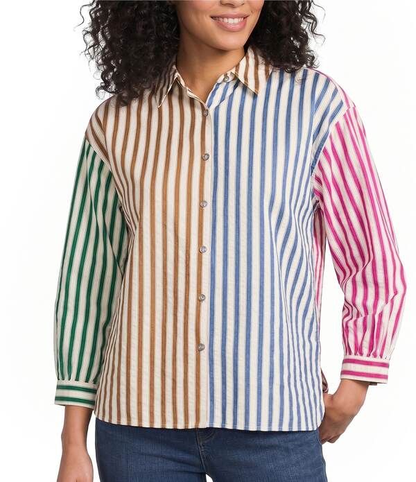 アリ マイルス レディース トップス シャツ Ali Miles Yarn Dyed Multi Color Stripe Point Collar 34 Cuffed Sleeve Button F 18,886円