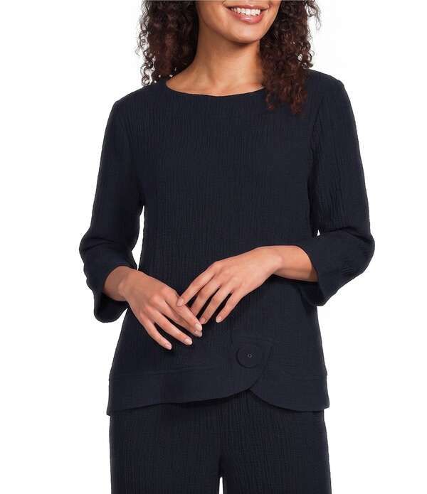 アリ マイルス レディース トップス シャツ Ali Miles Woven Round Neck 34 Sleeve Button Detail Hem Top Midnight