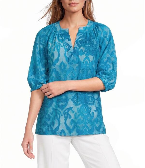 カレッサ レディース トップス シャツ バルーンスリーブ Calessa BurnoutieDye Banded Split Neck Elbow Length Balloon Sleeve Top