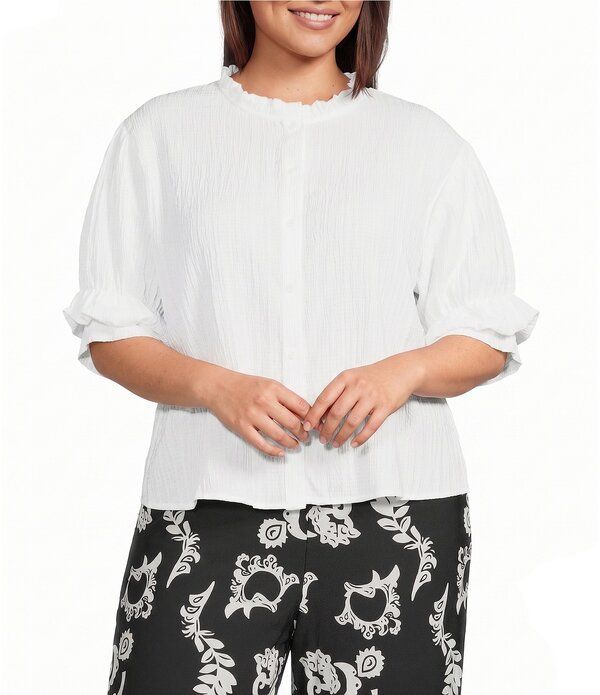 カレッサ レディース トップス シャツ プラスサイズ Calessa Plusize Textu red Splitie Neck Elbow Length Sleeve Button Frontun