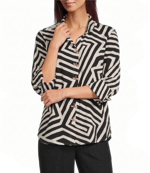 アリ マイルス レディース トップス シャツ プリント Ali Miles Woven Abstract Print Point Collar 34 Sleeve Shirt Soft White ホ