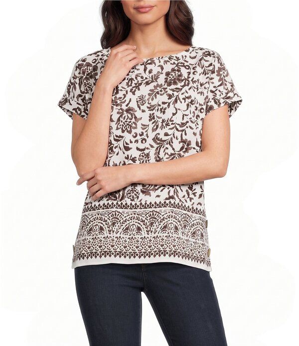 ジョーンズニューヨーク レディース トップス シャツ クレープリント Jones New York Woven Crepe Printed Boat Neck Short Sleeve Top Whi