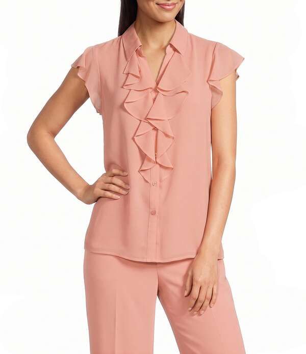 カルバンクライン レディース トップス シャツ シフォン フリル ブラウス Calvin Klein Chiffon Flutter Sleeve Point Collaruffle Button F