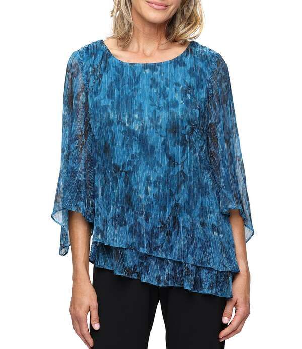 アレックスイブニングス レディース トップス シャツ プリントール ブラウス ニット Alex Evenings 34 Sleeve Printed Bodre Metallic Knit Blous