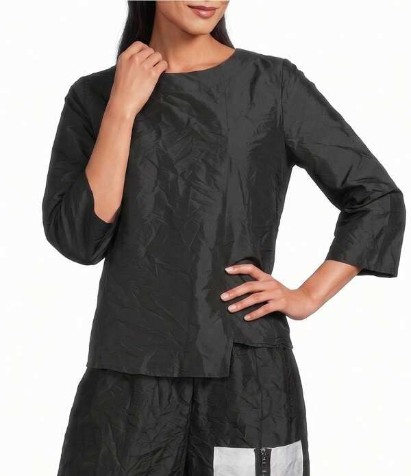 アイシーコレクション レディース トップス シャツ ICollection Woven Crinkle Round Neck 34 Sleeve Coordinating Top Black ブラック
