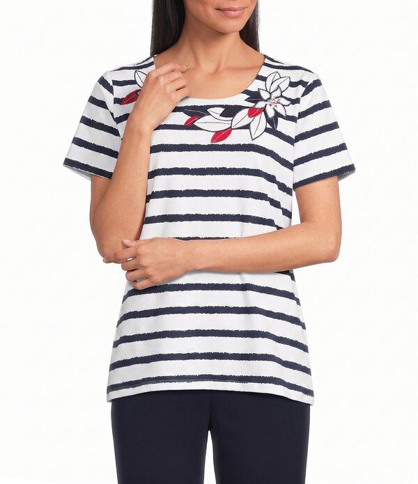 アリソン デイリー レディース トップス Tシャツ クルーネック ニット Allison Daley Stripe Short Sleeve Crew Necknitop NavyWhite Stri