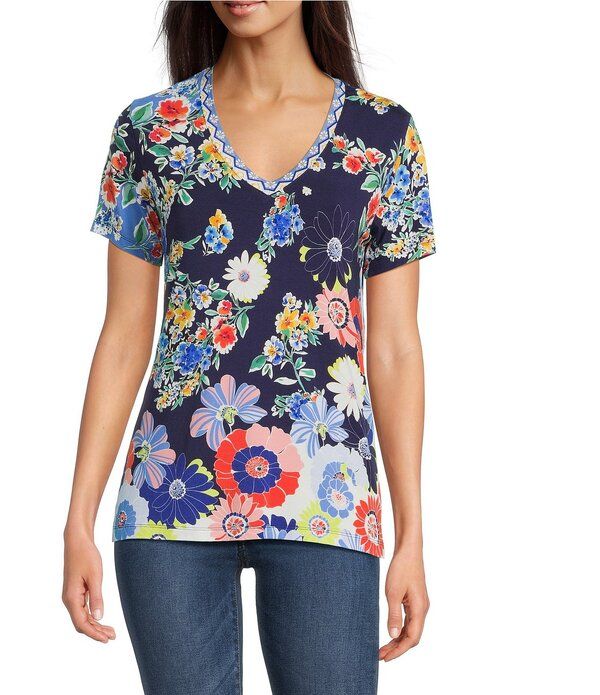 ジョニーワズ レディース トップス Tシャツ Vネック プリント JOHNNY WAS The Janie Favorite Tiana Scarf Print VNeck Short Sleeve
