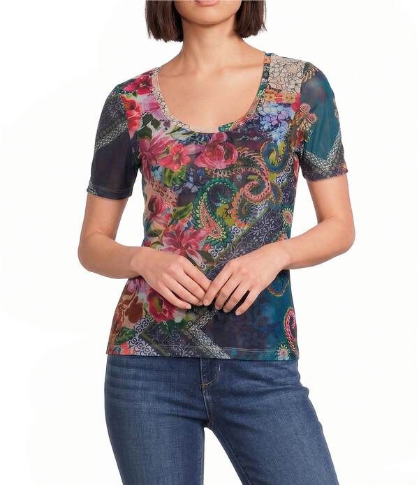 ジョニーワズ レディース トップス Tシャツ フラワー柄 プリント メッシュ ニット フラワー JOHNNY WAS Multi Floral Print Mesh Knit Scoop Neck S