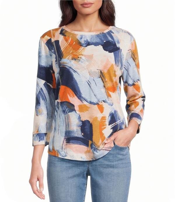 ウエストバウンド レディース トップス Tシャツ クルーネック プリント ニット Westbound Multi Painted Brushstrokes Print 34 Sleeve Knit C