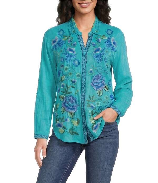 ジョニーワズ レディース トップス シャツ Vネック 刺繍 JOHNNY WAS Luisa Embroide red Point Collar VNeck Long Sleeve Shirt Cer