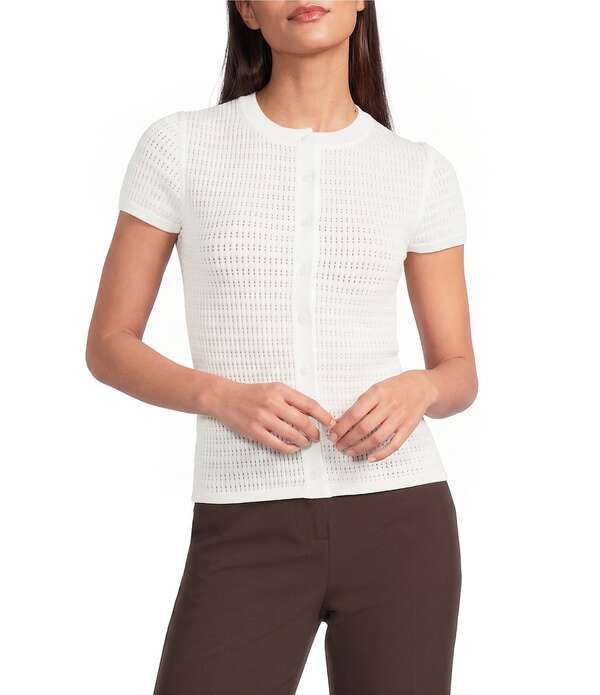 カルバンクライン レディース トップス Tシャツ クルーネック キャップ ニット Calvin Klein Knit Crew Neck Cap Sleeve Button Frontop Cream