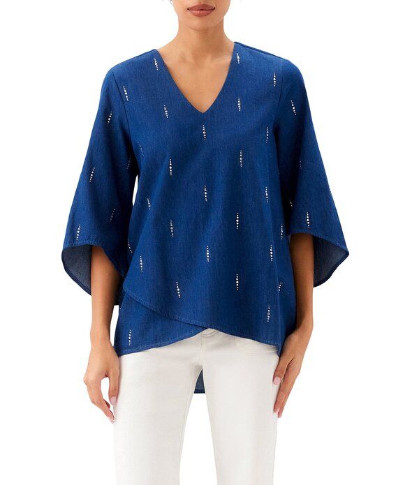 カレンケーン レディース トップス シャツ Vネック アシンメトリー デニム Karen Kanembellishedenim VNeck Flare Sleeve Asymmetric Top De