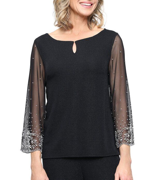 アレックスイブニングス レディース トップス シャツ カットアウトール ブラウス ニット Alex Evenings Metallic Knit Keyhole Cutout Heat Set 34