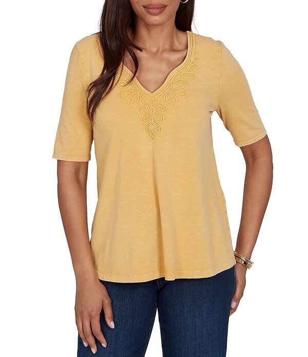 ルビーアールディー レディース トップス Tシャツ Vネック コットン ニット ジャージー Ruby Rd Cotton Slub Jersey Knit VNeck Short Sleeve Sou