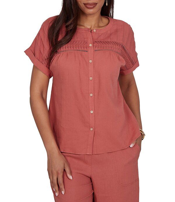 ルビーアールディー レディース トップス シャツ リネン Ruby Rd Linen Blend Banded Round Neck Short Cuff Sleeve Button Front Sh