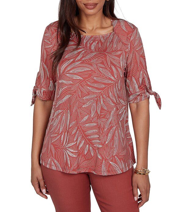 ルビーアールディー レディース トップス シャツ プリント Ruby Rd Leaf Print Square Neck Elbow Tie Sleeve Top Terracotta Multi テ