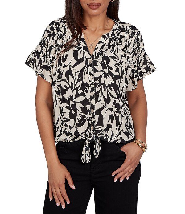 ルビーアールディー レディース トップス シャツ Vネック フラワー柄 フリル モノクロ フラワー Ruby Rd MixedMedia Monochrome Floral VNeck Short R