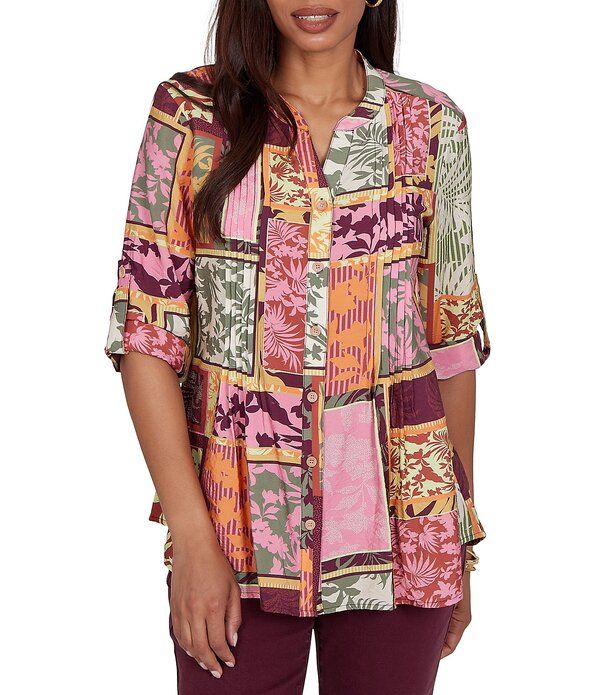 ルビーアールディー レディース トップス シャツ Vネック プリント パッチワーク シルク Ruby Rd Silky Voile Woven Patchwork Tropical Print Spl