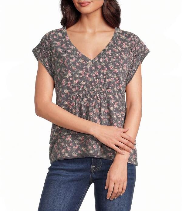 ラッキーブランド レディース トップス Tシャツ Vネック フラワー柄 プリント シャーリング キャップ ニット フラワー Lucky Brand Knit Floral Print VNeck Sm
