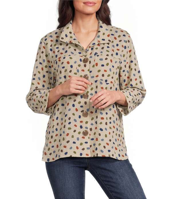 ジョン マーク レディース トップス シャツ プリント ブラウス John Mark Woven Cheeta Print Wire Collar 34 Sleeve Button Front Blo