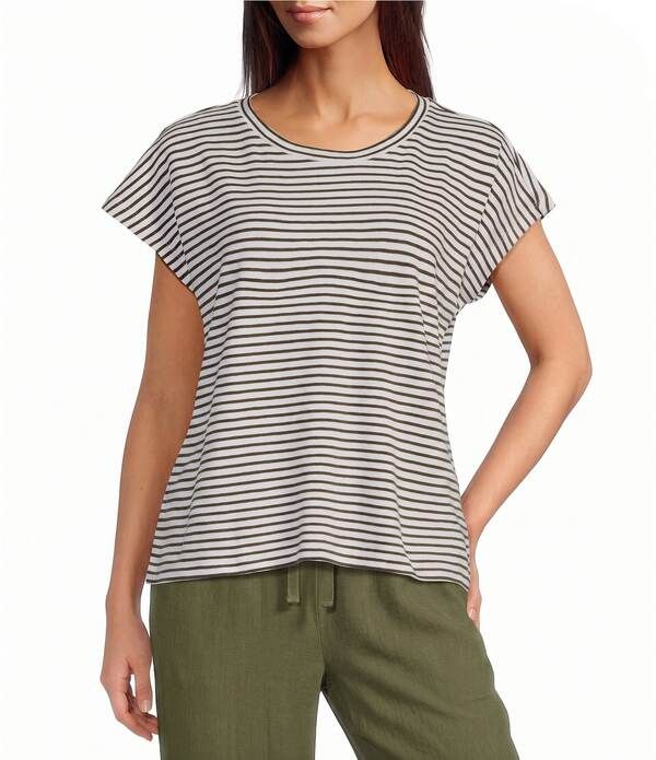 エイリーンフィッシャー レディース トップス Tシャツ クルーネック コットン ニット Eileen Fisher Striped Organicotton Slub Knit Crew Neck S