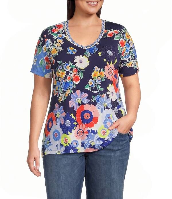 ジョニーワズ レディース トップス Tシャツ Vネック フラワー柄 プラスサイズ プリント ニット フラワー JOHNNY WAS Plusize The Janie Favorite Tiana F